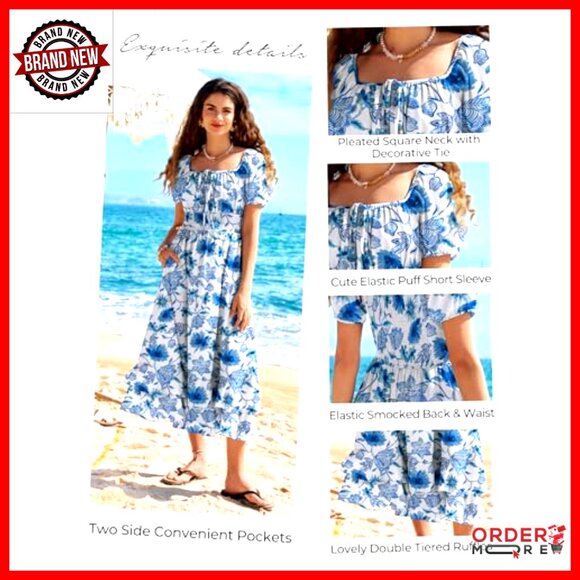 Boho Floral Maxi Dress Square Neck Puff Sleeve Smocked Back A-Line Summer - Picture 4 of 7